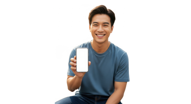Happy young man showcasing a blank smartphone screen.