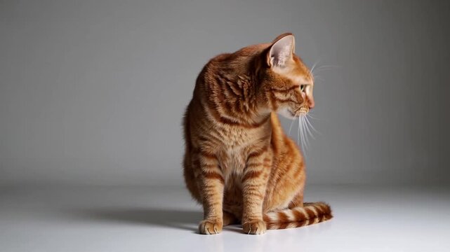 An orange tabby cat licking its lips hungrily while gazing to the side, with ample space for text or branding