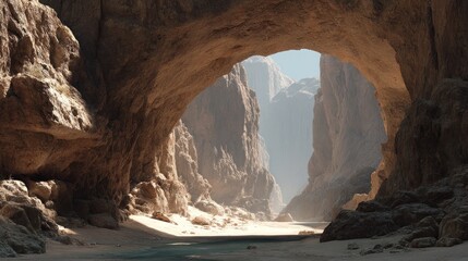 Dramatic desert canyon vista featuring rock formations and natural arch