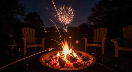 Fire pit nighttime fireworks celebration
