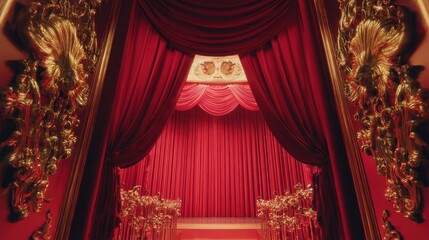 Aerial view of stage with closed red curtains framed by golden decorative arch