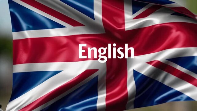 The term 'English' displayed prominently on the flag of the United Kingdom, symbolizing the educational concept of learning English language programs