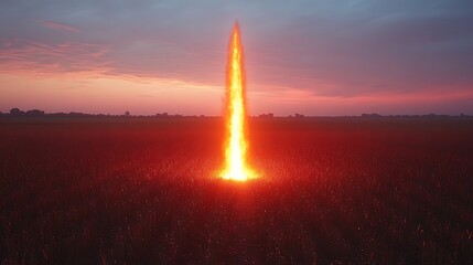 Fiery column rises from a field at sunset.
