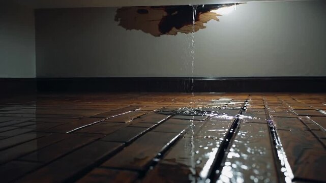 severe rainstorm resulting in ceiling leak, leaving noticeable water stain on wooden flooring due to roof damage