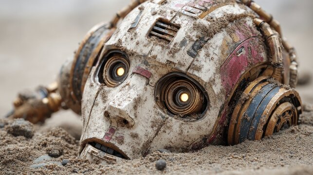 Abandoned Robot Head Buried in Sand on an Alien Planet Landscape Close Up