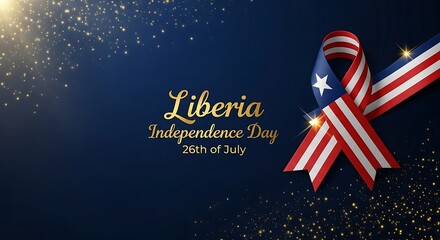 Liberia Independence Day: Celebratory Ribbon Design with Gold Lettering and Sparkling Dust