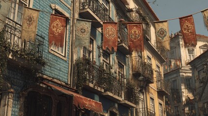 Naklejka premium Charming european cityscape displaying ornate balconies and hanging banners