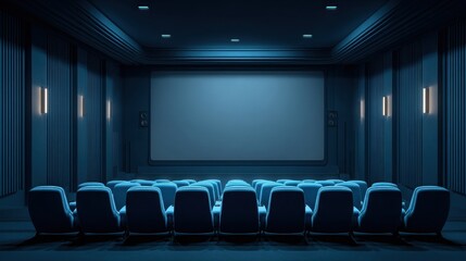 Minimalist cinema screen with ambient blue wall lights and empty theater seats