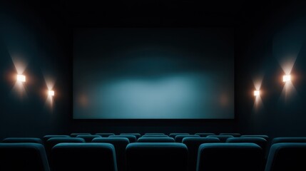Fototapeta premium Minimalist cinema screen with ambient blue wall lights and empty theater seats