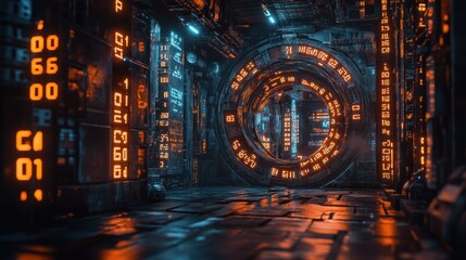 Futuristic tunnel with glowing orange and blue digital displays