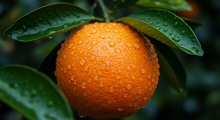 Orange with Raindrops: A vibrant orange fruit, glistening with water droplets, hangs gracefully from a leafy branch. A symbol of freshness and natural abundance.