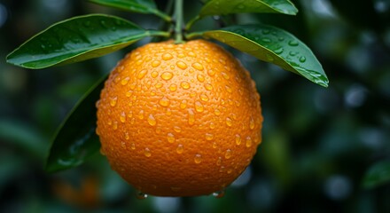 Orange Fruit Elegance: A close-up captures the vibrant orange fruit suspended amidst verdant leaves, adorned with glistening water droplets after the gentle rain.