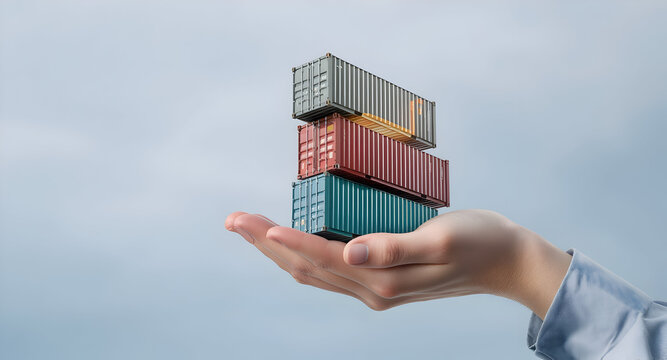 Hand holding miniature stack of shipping containers, representing global logistics