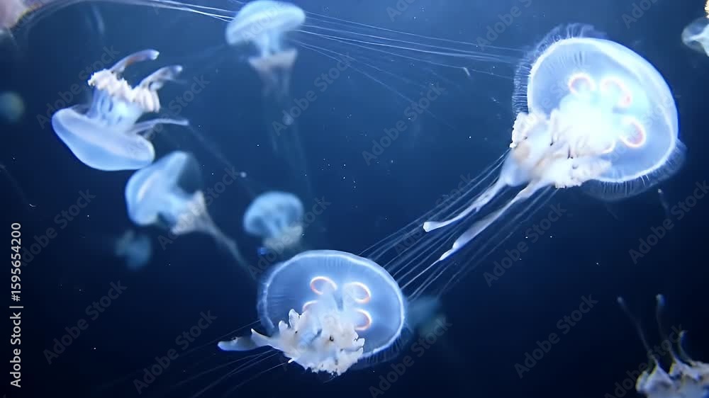 Aufkleber numerous translucent jellyfish float gracefully in deep blue water. illuminated by soft light, their