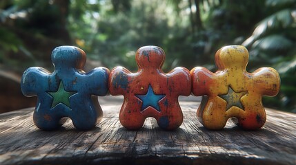 Three puzzle piece figures in vibrant colors on a wooden surface.