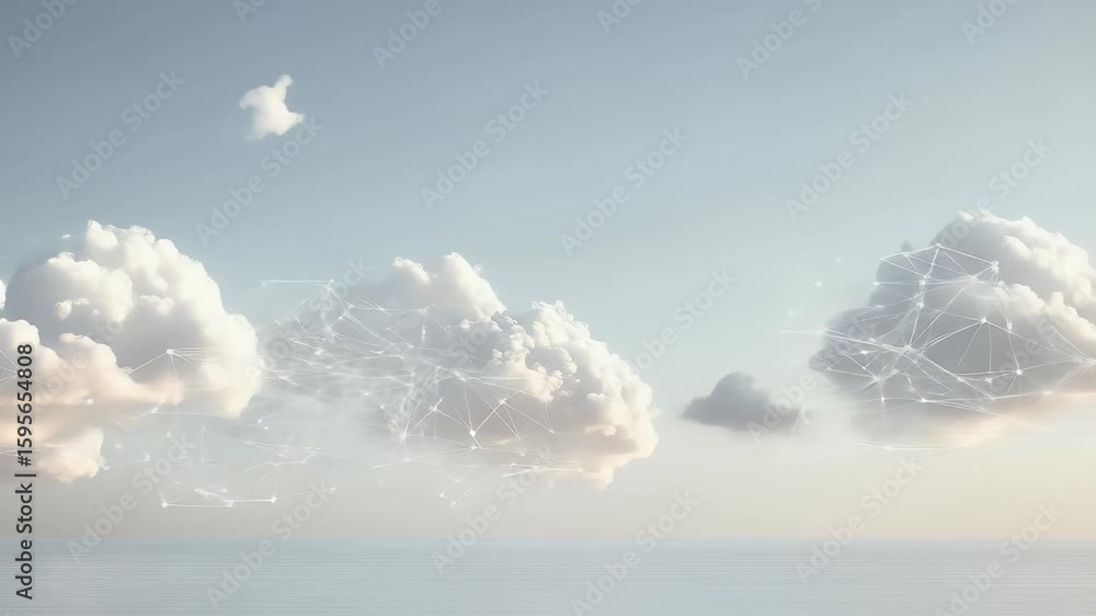 Aufkleber serene depiction of fluffy clouds with glowing network overlay floating above calm sea against gradi