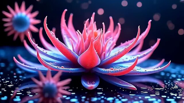 A dynamic assemblage of spiky molecules spiraling outward like cosmic lotus petal captivates with its electric hues of pink and cyan, as they rotate with an exhilarating energy,