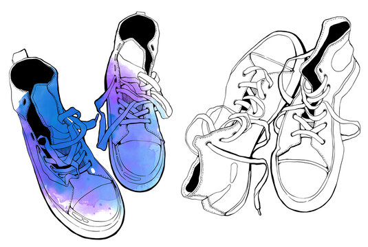 A set of detailed isolated worn sneakers with expressive watercolor splashes. Perfect for textile design, stickers, and creative projects. Mixed media hand drawn worn shoes design. 
