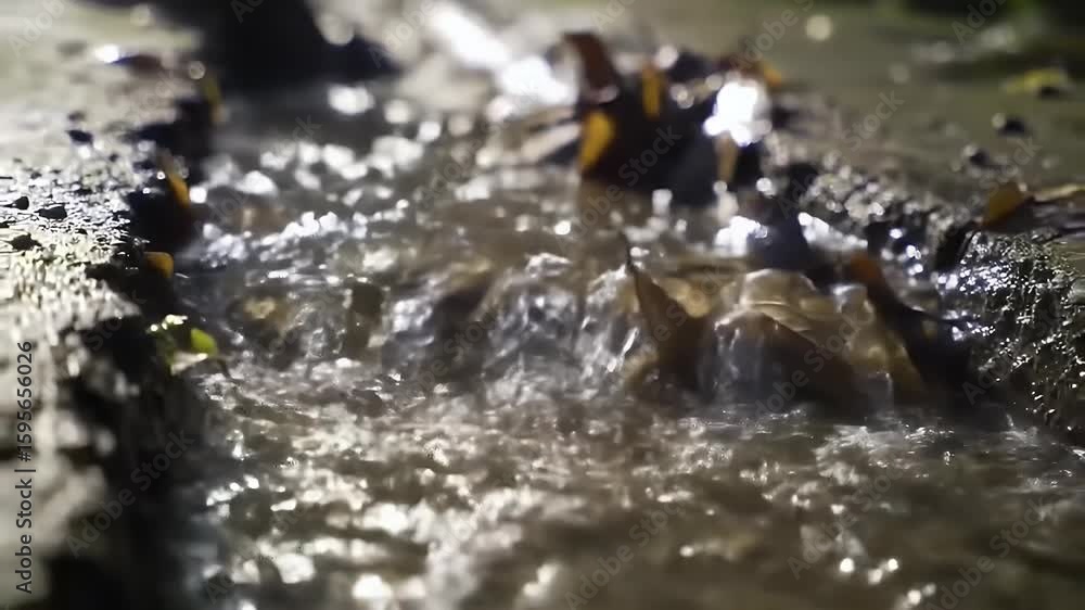 Poster close-up view of flowing water stream in a dark environment with various fallen leaves reflecting th
