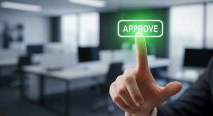 Approval and authorization concept. Close-up of a manager's finger pressing a single holographic "APPROVE" button, which glows green upon interaction.