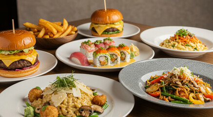 Mixed Cuisine Feast with Burgers, Sushi, Pasta, and Fries