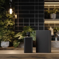 A mockup of one black Toner bottle and one Toner packaging box on a wooden counter in a modern bathroom with black tiled walls.