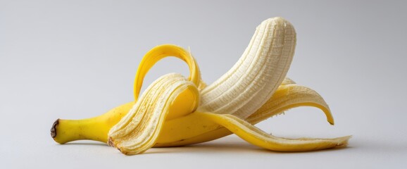 Fresh, Partially Peeled Banana on a White Surface Displaying its Vibrant Yellow and Creamy White Flesh