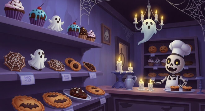 A spooky bakery scene with a skeleton baker presenting Halloween-themed pastries, including cupcakes, cookies, and pies, under the watchful eyes of ghostly decorations. - Powered by Adobe
