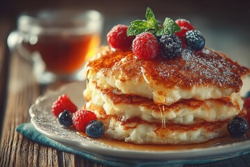 Delicious Stack of Fluffy Pancakes with Maple Syrup and Fresh Berries on a Rustic Table