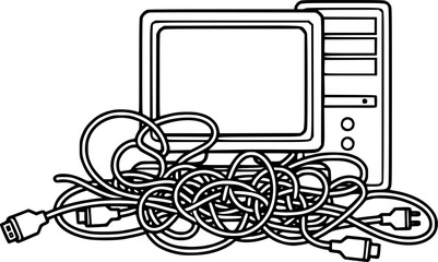 Obraz premium Computer and cables in electronic waste icon 