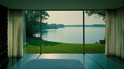 Fototapeta premium Lakeside bedroom with expansive views.