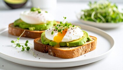 Delicious avocado toast with a perfectly poached egg.