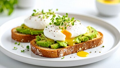 Delicious Avocado Toast with Poached Eggs, a delightful and healthy breakfast.