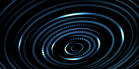 Blue abstract background with glowing circles. Swirl circular lines pattern. Geometric spiral. Twirl element. Modern graphic design. Futuristic technology concept.