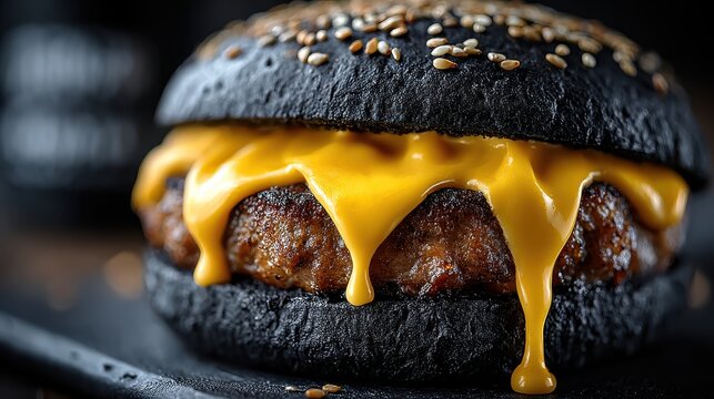 Juicy Charcoal Burger with Black Bun and Dripping Cheese Perfect for Gourmet Food Photography