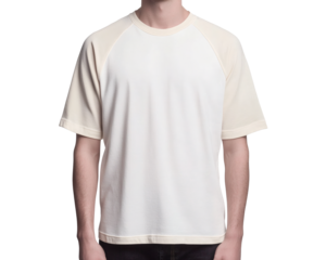 Elegant raglan style tee shirt in cream color displayed on a human torso against a transparent backdrop offering versatile design options
