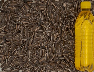 Overhead shot of golden yellow sunflower oil bottle on a background made of raw sunflower seeds....