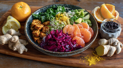 Colorful healthy salad with fresh ingredients on wooden surface