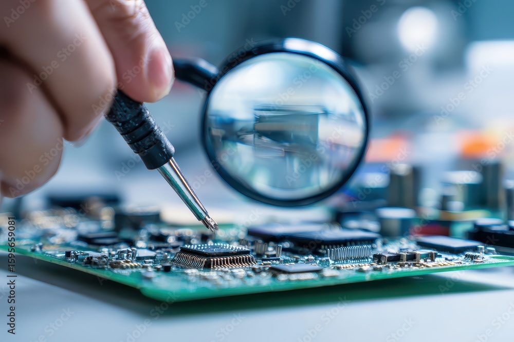 Poster hand inspecting circuit board with magnifier in lab for quality assurance