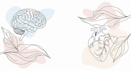 World Mental Health Day Concept with Brain, Heart and Leaves in One-Line Art Style