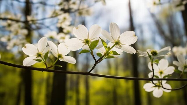 Dogwood blossoms in spring sunshine, a serene woodland nature background