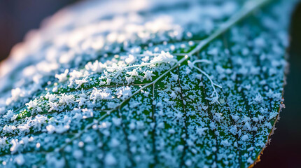 Ai generated image of a green leaf is adorned with intricate patterns of frost