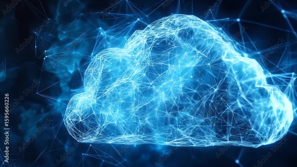 Poster abstract glowing cloud shape with connected lines and dots on a dark blue background. digital repres