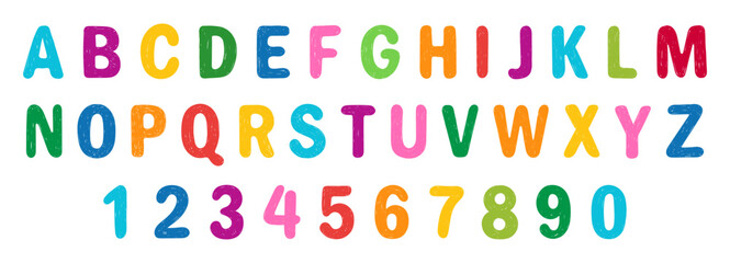 Crayon kids font, doodle funny playful alphabet. Hand drawn scribble kid typescript numbers. School wax crayon abc cute kindergarten handwriting playful letters. Colorful English alphabet and numbers