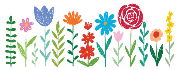 Kid doodle hand drawing crayon, wax, pencil, chalk or charcoal texture. childlike flowers and plants, grass illustration. Field, meadow, garden, colorful flowers, grass. Drawing in a childish style.