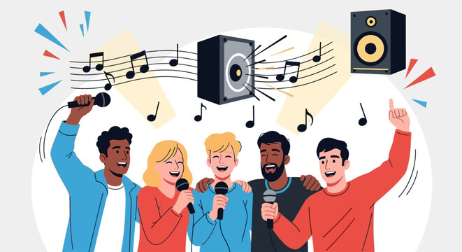 Celebrating National Friendship Day A Harmonious Ensemble of Diverse Friends Singing Together, Rejoicing in Unity! - Powered by Adobe