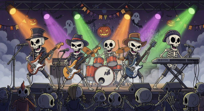 Skeleton band performs on a Halloween stage, illuminated by colorful spotlights.