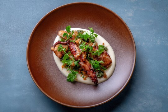 Sublime culinary encounter grilled octopus resting gracefully on black garlic puree, a symphony of lemon