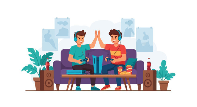 Celebrating National Friendship Day Two friends gaming together, enjoy fun moment in shared hobby, creating lasting memories.