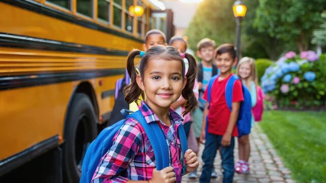 First grade students at school bus stop, cheerful kids with backpacks, back to school morning, elementary education start, group of children ready for class, outdoor school routine